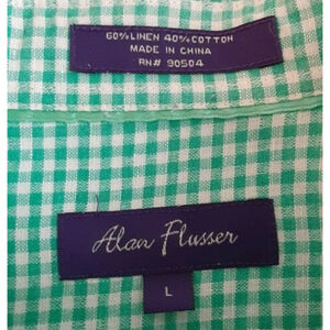 Alan Flusser Men's Button-Down Shirt Size L Long Sleeves Green/White gingham